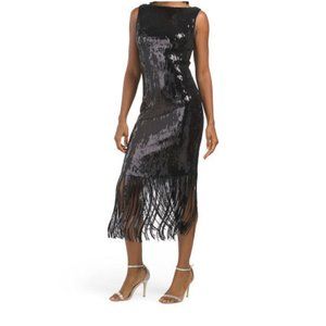 NANETTE LEPORE V-Neck Black Sequin Fringe Dress Size: 8 NWT
